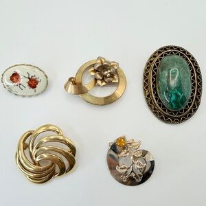 Lot of 5 Vintage Brooches Enamel, 12K Gold Filled, Malachite, Napier, Gold Tone